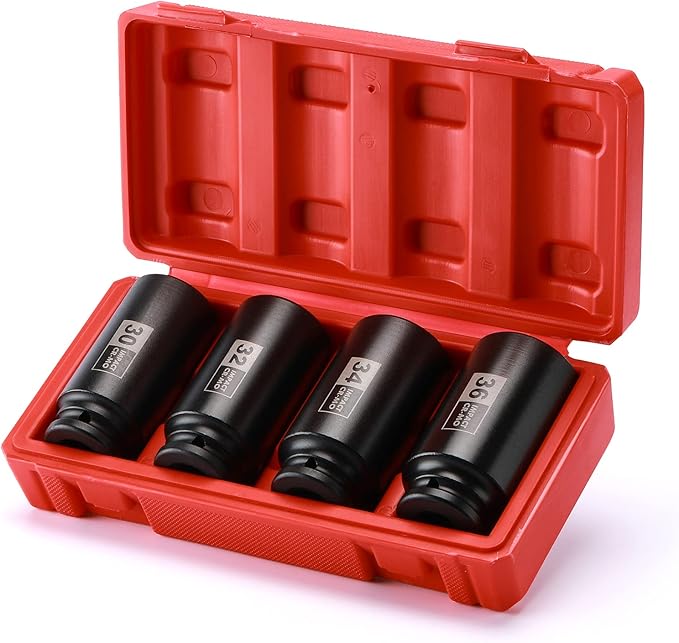 EMENTOL 4PCS 1/2" Drive Deep Impact Socket Set, CR-MO, 12 Point, Metric, Deep Spindle Axle Nut Impact Socket Set-30mm, 32mm, 34mm, 36mm