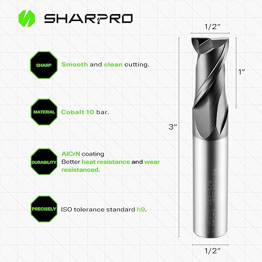 1/2 End Mills 1/2 Inch Shank, 2 Flute Carbide Square Endmill with AlCrN Coated, Upcut Spiral CNC Router Bits for Alloy Steel, Metal and Stainless Steel
