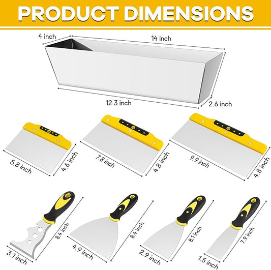 Drywall Knife Set, 8Pcs Stainless Steel Drywall Hand Tools Kit Includes Putty Knife Set, Taping Knives, Painter Scraper and 12" Mud Pan Finishing tools for Drywall Work