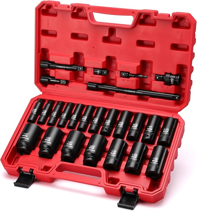 CASOMAN 25 PCS 1/2" Drive Deep Impact Socket Set with Case, 6 Point, 3/8" - 1-1/2", SAE, Include Extension Bars, Socket Adapter, Drill Adapter and Universal Joint