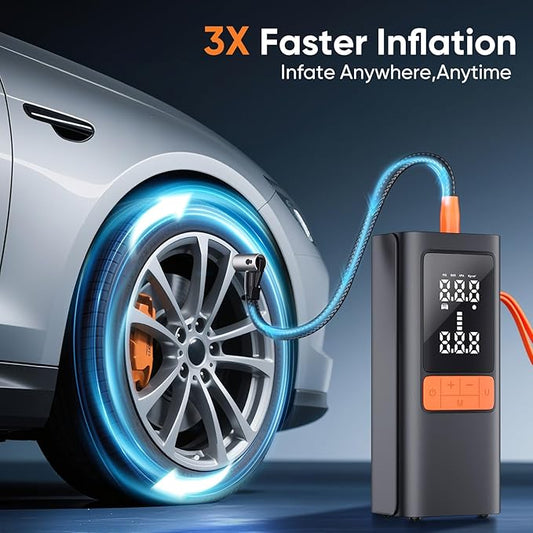 Tire Inflator Portable Air Compressor, 150PSI Cordless & 12V DC Dual Power Tire Pump for Car Tires,Bike,Motorcycle, 6000mAh Battery, Digital Pressure Gauge, Auto Shut-Off & Emergency LED Light