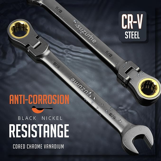SUZUME 5/8??Flex Head Ratcheting Wrench SAE 72 Teeth Cr-V Steel with 180째 Flexible Head 15K+ Cycle Locked Gears Black Nickel Coating