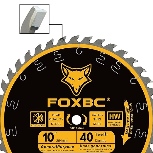FOXBC 10 Inch Ultimate General Purpose Table Saw Blade, 40-Tooth Wood Cutting, 5/8-Inch Arbor