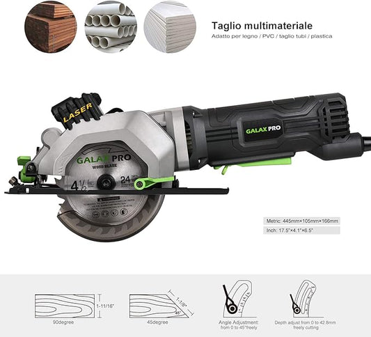 GALAX PRO 4Amp 3500RPM Circular Saw with Laser Guide, Max. Cutting Depth1-11/16"(90°), 1-1/8"(45°)Compact Saw with 4-1/2" 24T TCT Blade, Vacuum Adapter, Blade Wrench, and Rip Guide