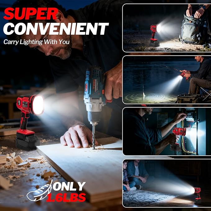 Cordless LED work light compatible with Milwaukee 18V Battery, 1500LM Handheld Spotlight with 550 Yard Distance, Flashing mode and Pivoting Head for Workshop, Camping, Jobsites (Battery Not Included)