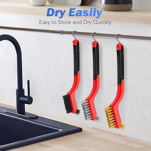 Wire Brush Set, 3 Pcs Stainless Steel/Brass/Nylon Wire Brushes for Cleaning with Curved Handle Grip for Rust Removal, Dirt, Paint Scrubbing(Red)