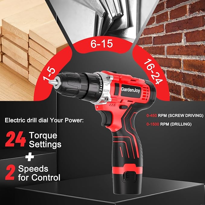 GardenJoy Cordless Power Drill Set: 12V Electric Drill with Battery and Charger, 34pcs Acessories, 3/8"Keyless Chuck, 2 Variable Speed, 24+1 Position, Compact Drill Driver Kit for Home & DIY Project