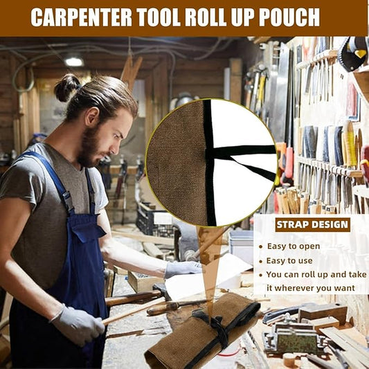 BLIRITEL Small Canvas Chisel Roll, Chisels Bag Tool Organizer with 4 Pockets, Metal Pry Bar Plier Wrench Roll Tool Pouch for Mechanic Carpenter Craftsman (Khaki)