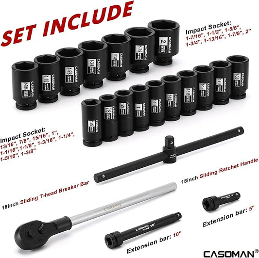 CASOMAN 3/4-Inch Drive Jumbo Master Impact Socket Set, 21PCS SAE Deep Socket Assortment (7/8" to 2"), Include Extension Bar and Ratchet Handle, CR-MO