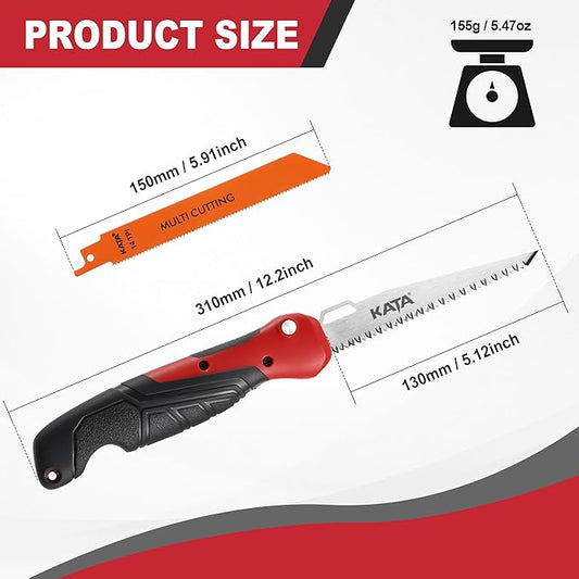 KATA Folding Hand Saw for Crafts - 2-In-1 Compact Drywall Cutter Hacksaw Tool with Quick Change Bi-Metal Blade - Small Job Saw, DIY HandSaw for Cutting Metel, Wood, PVC, Sheetrock, Plywood, Model