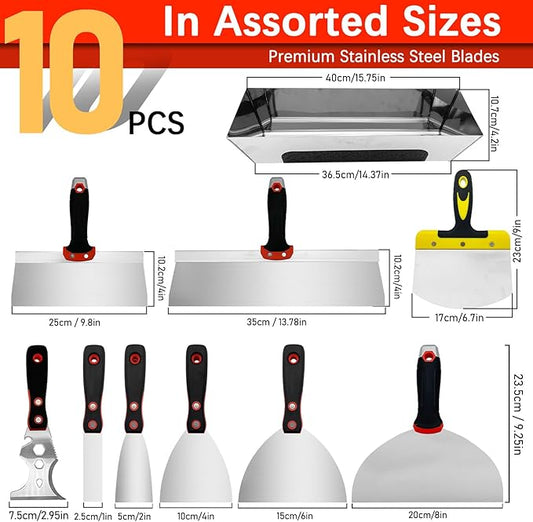 Drywall Hand Tool Kit, 10 Pieces Stainless Steel Drywall Knife Set Include Putty Knife, Taping Knifes, Painter Scraper, 14" Mud Pan & 6" Scoop for Joint Taping, Finishing, Patching