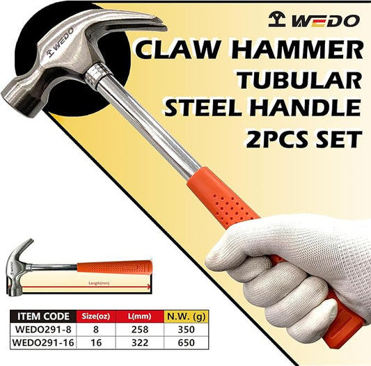 WEDO 2PCS Claw Hammer Set 8oz +16oz,Steel Framing Hammer with Tubular Steel Handle,Straight Claw Hammer for Household Maintenance,Gardening,Yard Work,Repairing