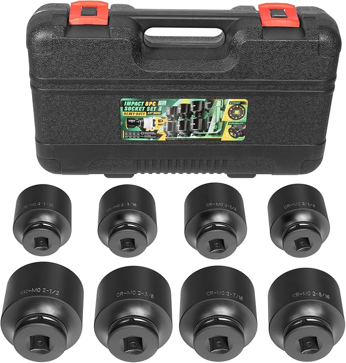 8PCS 3/4" Drive Spindle Axle Nut Impact Large Socket Set, 2-1/16" to 2-1/2", CR-MO Steel, 6-Point