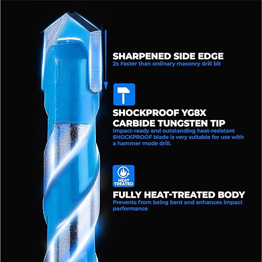 toolant 3/8" Concrete Drill Bit Set & Masonry Drill Bit Set, Shockproof Hex Shank Hammer Drill Bit Set for Glass/Brick/Plastic/Cement/Tile, Industrial Strength Carbide Drill Bit Tip, 3/8" 5pcs