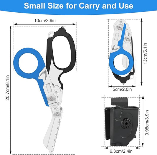 6-in-1 Heavy Duty Emergency/Trauma Shears, with Carbide Glass Breaker, Ring Cutter, Foldable, Stainless Steel Multi-Purpose Scissors for Hospital, Home, Camping, and Travel Rescue Tools (Black+Blue)