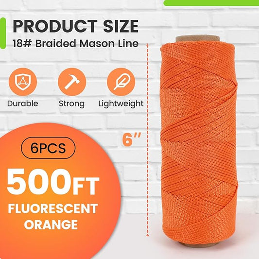 MERIANE Mason Line String Line Nylon Twine, 6 Rolls 500FT 18# Braided Twine String for Masonry Job, Level Lines in Construction, Gardening, Fluorescent Orange