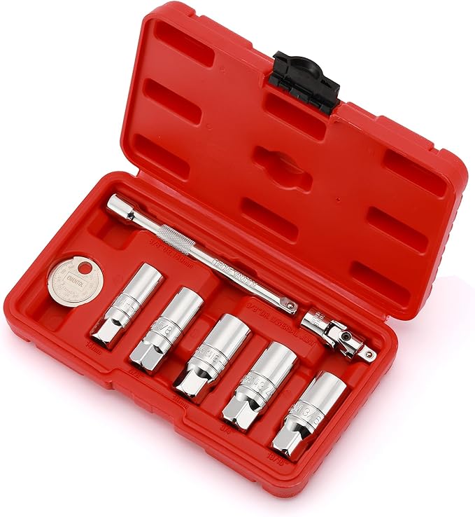 EMENTOL 8PCS 3/8" Drive Spark Plug Socket Set, SAE & Metric, 6-Point Socket Set, Universal Joint, 6-Inch Extension Bar, Spark Plug Gap Gauge