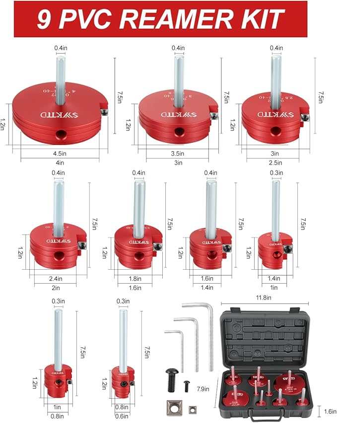 9pcs PVC Pipe Reamer Kit, PVC Fitting Saver with 1/2" Drills - 1/2",3/4",1",1-1/4",1-1/2",2",2.5",3",4??Inner Socket Fitting Saver For SCH40, CPVC, ABS.