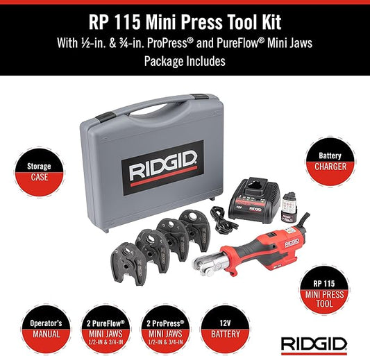 RIDGID 72558 Model RP 115 Mini Press Tool and Battery Kit with 1/2" to 3/4" ProPress and PureFlow Press Tool Jaws, 2V Li/Ion Battery, 12V Charger, and Carrying Case