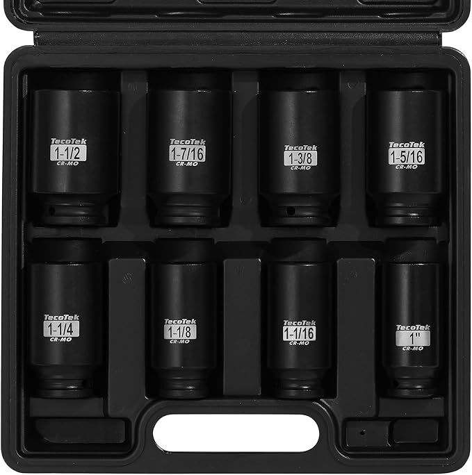 1/2" Drive Deep 6-Point Impact Socket Set, 8-Piece Standard SAE Spindle Axle Nut Impact Socket Set, Cr-Mo, 1-Inch to 1-1/2-Inch Size