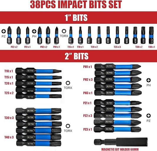 NORTOOLS 38PCS Impact Screwdriver Bit Set,Phillips, Pozi and Torx wih 1/4??Hex-Shank Drill Bits, S2 Magenetic Nut Driver Set for Impact Drills and Power Screwdrivers, Extendable bit Holder