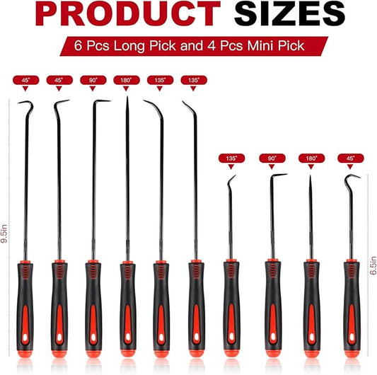 10PCS Pick Set Mechanic, Hook and Pick Tool Set with Non-Slip Grip, Long & Mini Automotive Pick Set for O-Ring, Seal & Gasket Removal, Car Repair, Mechanical and DIY Use