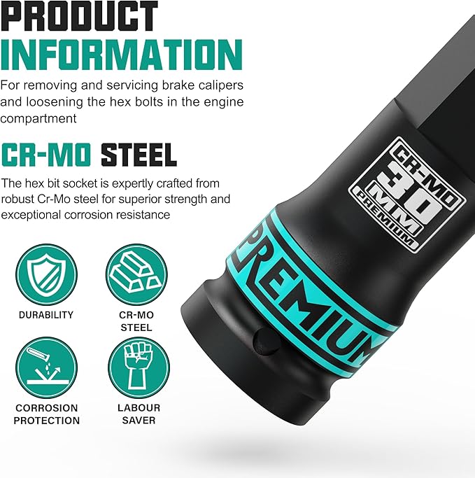 3/4" Drive H30 Impact Hex Bit Socket, 30 mm Allen Bit Socket, Metric, Cr-Mo Steel, Car Maintenance, Furniture Installation, Mechanic Use