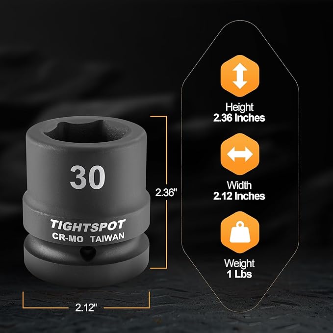 TIGHTSPOT 1" Drive 30mm Shallow Impact Socket Strong CR-MO Jumbo Socket 6 Point Automotive Truck and Industrial Maintenance