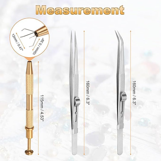 HARFINGTON 3pcs Diamond Tweezer Holder Pick Up Tool Set Stainless Steel 4 Claw Holder Straight/Elbow Head Jewelry Locking Tweezer for Tiny Objects Electronic Components, Silver/Gold