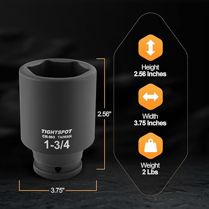 TIGHTSPOT 3/4" Drive 1-3/4 Inch SAE Deep Impact Socket Heavy Duty CR-MO Jumbo Socket 6 Point Automotive Truck and Heavy Equipment Repair