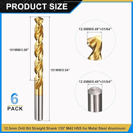 PATIKIL 12.5mm Drill Bit, M42 8% Cobalt High-Speed Steel Jobber Straight Shank 135° Titanium Nitride (TiN) Coated for Hard Metal Stainless Steel - 6 Pack