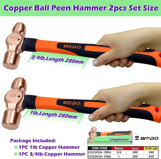 WEDO 2PCS Copper Ball Peen Hammer Set, 12 oz + 16 oz(3/4lb+1lb), Ball Pein Hammer with Fiberglass Handle, Die-Forge, Corrosion Resistant, DIN Standard