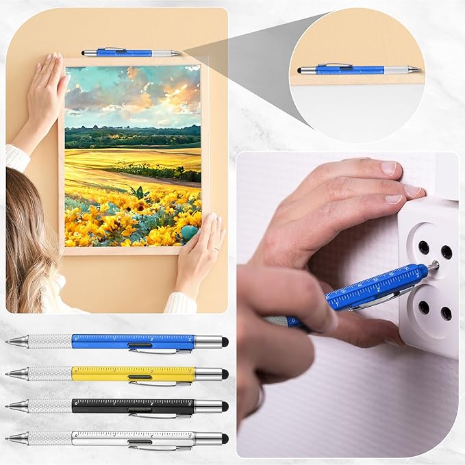 Yeaqee 60 Pcs Stocking Stuffers Bulk Gifts for Men 6 in 1 Party Favor Father's Christmas White Elephant Gifts Multi Tool Pens with Ruler, Level Gauge for Adult (Novel Color)