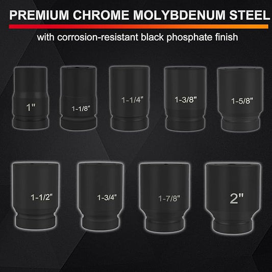 1 Inch Drive Deep Impact Socket Set, Cr-Mo 6-Point (1-Inch - 2-Inch) 9pc Impact Socket Set with Heavy Duty Storage Case