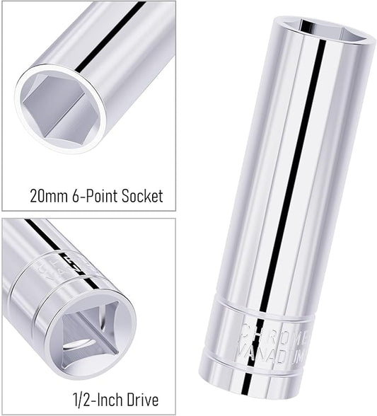 20mm Deep Socket, 1/2 Inch Drive, 6-Point, Metric, Heat Treated CR-V Steel Sockets, Full Polishing, 3.1 Inch Length