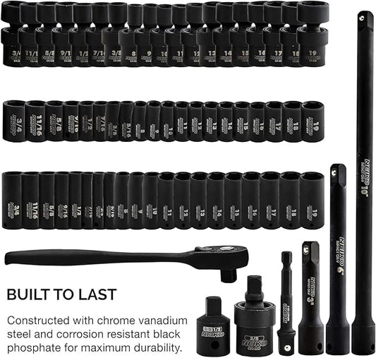 NEIKO 02471A Impact Socket Set, 3/8??Drive, 67 Piece, Metric and Standard Master Socket Set with Shallow & Deep Sockets, Ratchet, Swivel Sockets, Extension Bars, Adapters, Cr-V & Cr-Mo