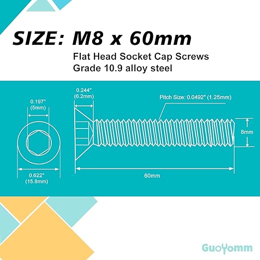 M8-1.25 x 60mm 10PCS Flat Head Hex Socket Cap Screws, Countersunk Bolts, 10.9 Grade Alloy Steel, Black Oxide Finish, Metric Allen Drive, Fully Threaded