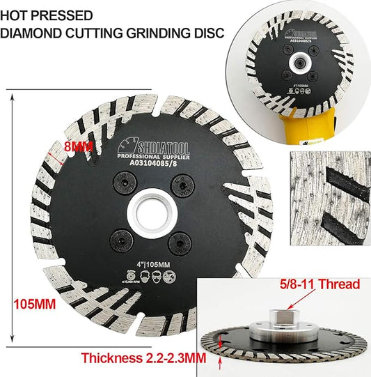 SHDIATOOL Diamond Turbo Blade Dia 4 Inch with Slant Protection Teeth Cutting Stone Granite Marble Concrete Brick with 5/8-11 Thread