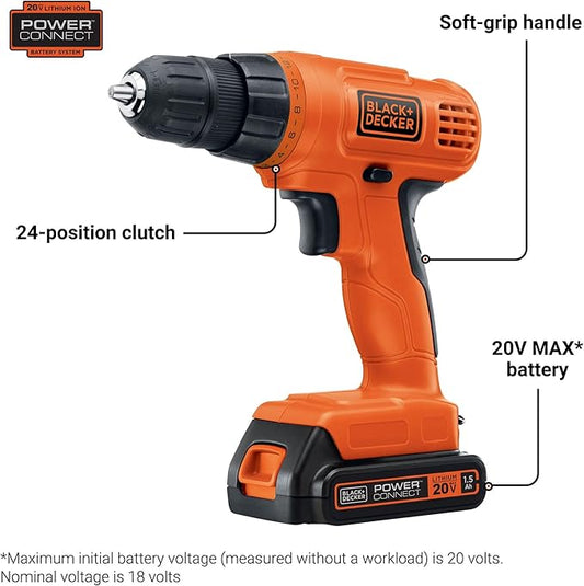 BLACK+DECKER 20V MAX POWERCONNECT Power Drill Cordless Drill Driver Electric Screwdriver with 30 Piece Bit Set and Drivers Kit, Battery and Charger Included (LD120VA)