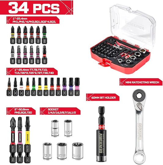 34 Pieces Tool Kit with Matching Storage Box, Include 1??2??S2 Steel Magnetic Screwdriver Bits (Phillips/Square/Torx), Socket, Bit Holder and Mini Ratchet Wrech for Home Repairs