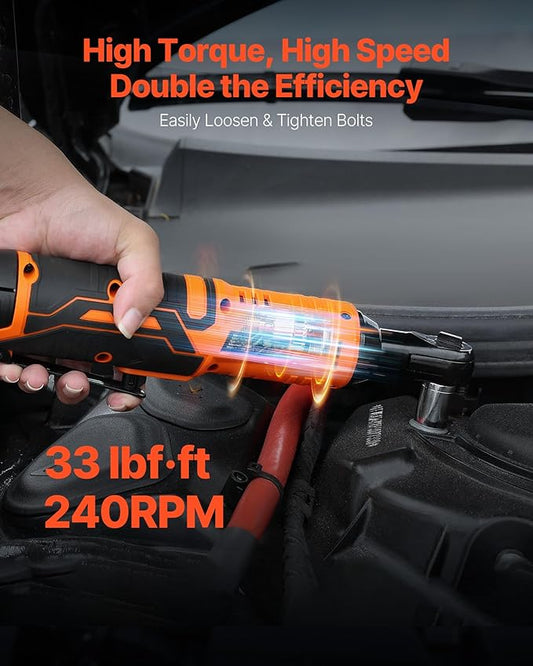 VEVOR Cordless Ratchet Wrench, 3/8 inch Drive, 240 RPM, up to 33 ft-lbs of Torque, Battery Powered Electric Ratchet Wrench Set with Two 2.0Ah Batteries, Charger, Sockets, Adaptor and Extension Bar