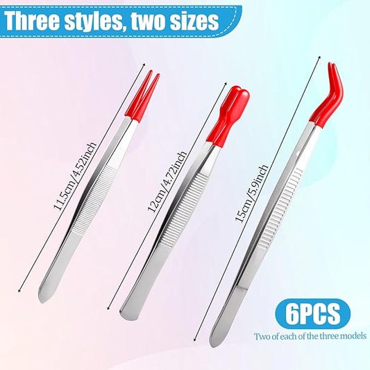 6 Pcs Rubber Tips Long Bent Tipped Craft Tweezers PVC Rubber Coated Tip Flat and Bent Flat Tip Precision Tweezer for Hobby Jewelry Making Craft Bead Jewelry Stamps Industrial Stainless Steel Tool Red