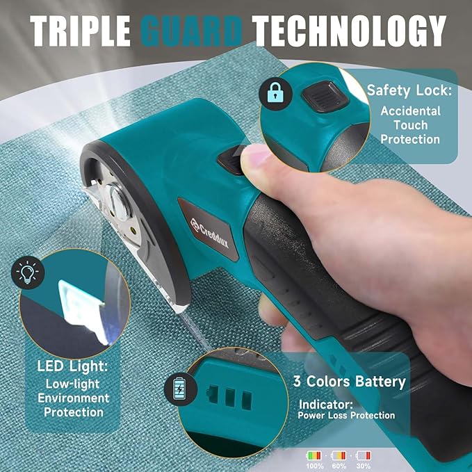 Cordless Electric Scissors竊똂ardboard Cutter Heavy Duty Scissor with 3 Blade, Safety Lock & Extra Blade竊똓otary Cutter for Cardboard Fabric Plastic Leather Dark Blue