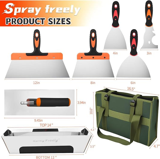 Drywall Knives Set, Paint Spatula with Bag and Plastic Handle, Rustproof Putty Spatula, Stainless Steel Putty Knife for Scraping Wallpaper and Drywall (8Pcs)