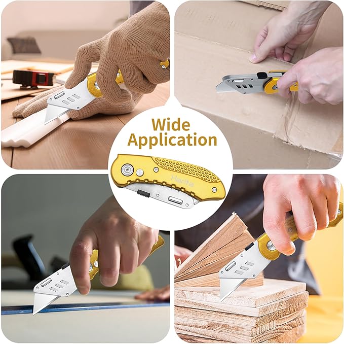 Box Cutter Heavy Duty Utility Knife, Razor Knife, Lightweight Aluminum Handle, Back-lock Mechanism, Stainless Belt Clip, with 5-piece Extra Blades, for Carpet, Carton, Box, Cardboard Yellow