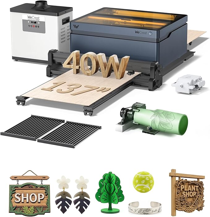 WECREAT Vision 40W Laser Engraver and Cutter Machine with Automatic Conveyor Feeder, Fume Extractor, 4-in-1 Rotary, Air Assist, Laser Bed for DIY Engraving and Cutting Acrylic Wood Metal Leather