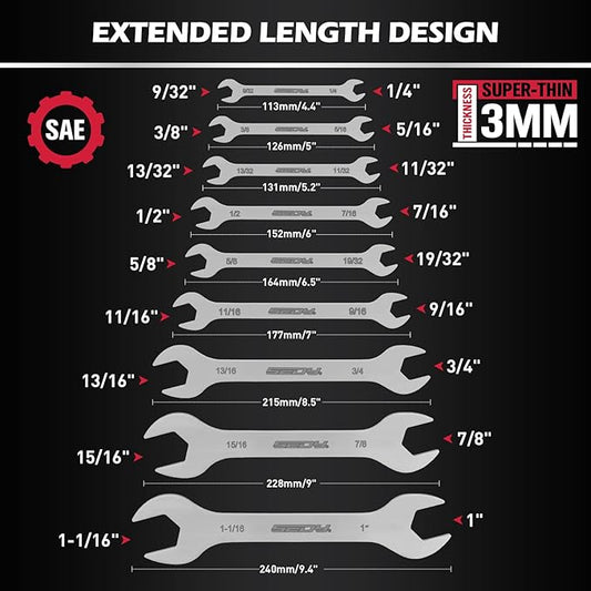 9-Piece Super Thin Open-End Wrench Set, SAE 1/4"-1-1/16", 3mm Thickness Slim Wrench Set for Tight Spaces, Nickel Plated Flat Wrenches with Rolling Storage Pouch