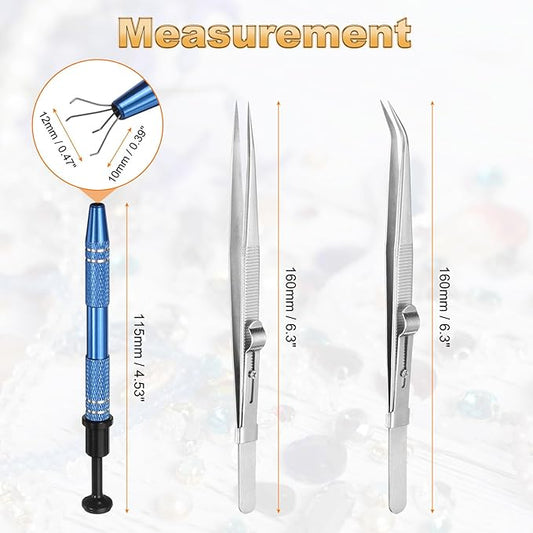 HARFINGTON 3pcs Diamond Tweezer Holder Pick Up Tool Set Stainless Steel 4 Claw Holder Straight/Elbow Head Jewelry Locking Tweezer for Tiny Objects Electronic Components, Silver/Blue