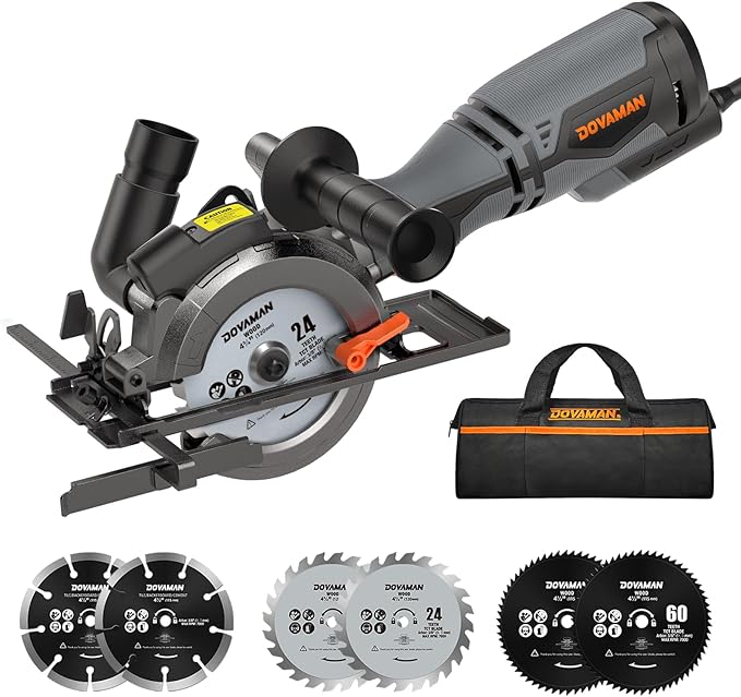 DOVAMAN Circular Saw, 5.8A 4-1/2" Circular Saw w/Laser, Metal Auxiliary Handle, 6 Blades (4½", 4¾"), Cutting Depth 1-11/16" (90°), 1-3/8" (45°), Ideal for Wood, Soft Metal, Plastic, Tile - MCS01A