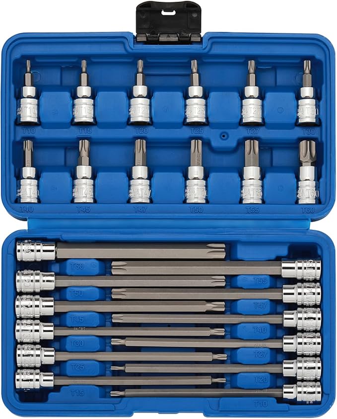 EMENTOL 3/8 Inch Drive Torx Bit Socket Set, Extra Long Star Bit Sockets, 24-Piece, Cr-V and S2 Alloy Steel, T10-T50